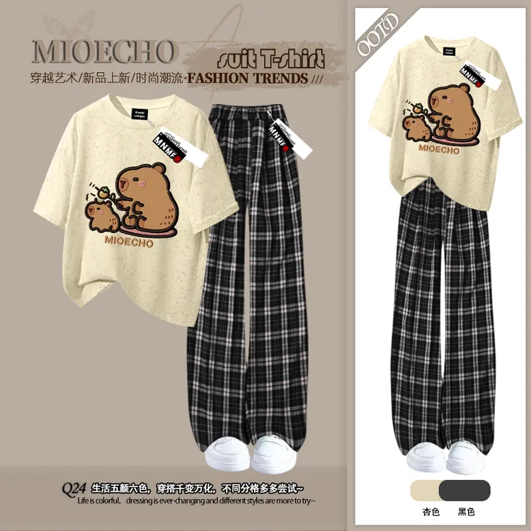 女童夏季纯棉短袖套装卡通卡皮巴拉印花中大童阔腿格子裤两件套潮