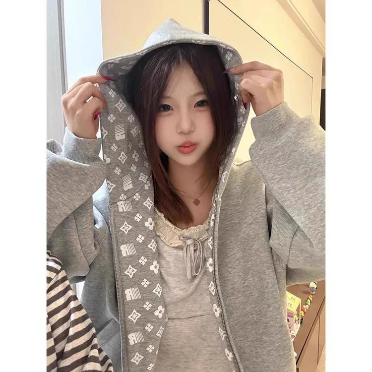 灰色开衫连帽卫衣外套女秋冬2025新款宽松慵懒风oversize美式百搭