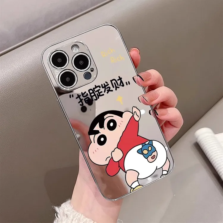 适用苹果16promax手机壳指腚发财iPhone13卡通小新女款苹果15电镀
