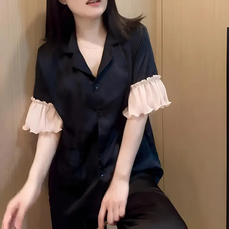 2025法式冰丝绸缎睡衣女夏季薄款短袖长裤气质甜美蕾丝家居服套装