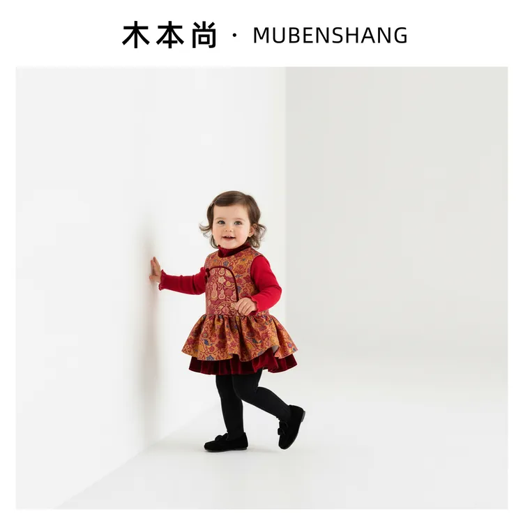 木本尚儿童旗袍秋冬国风中式女童连衣裙喜庆拜年服