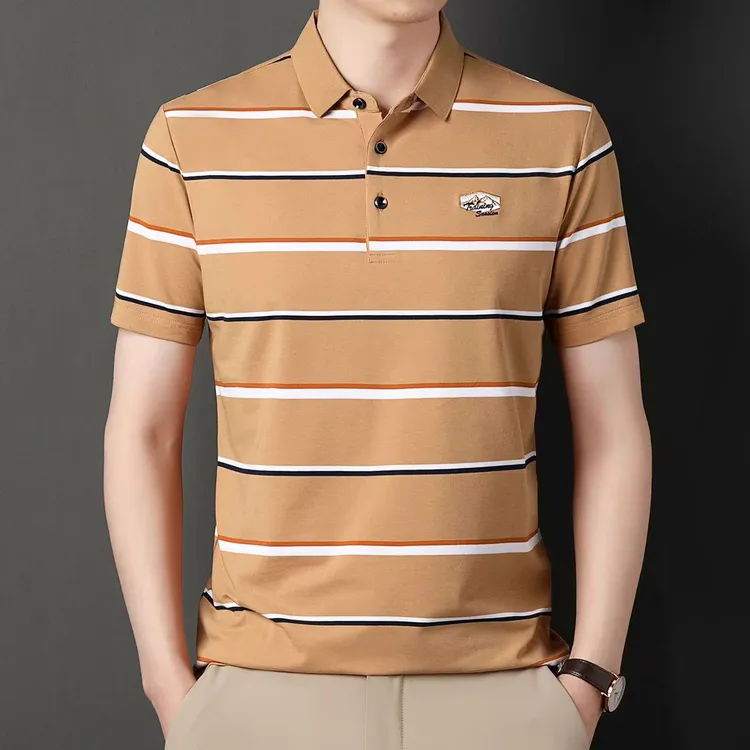 短袖polo衫男棉带领彩条纹t恤商务高档中年爸爸夏装衣服潮l