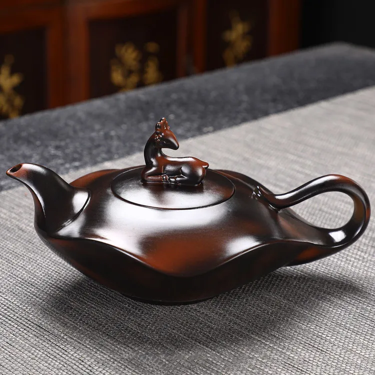 紫陶一鹿有你壶大容量中式半手工茶壶家用陶瓷复古紫砂壶茶具