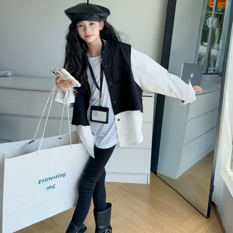 女童套装2025新款拼接假两件衬衫韩版时髦衣服秋季裤子儿童三件套