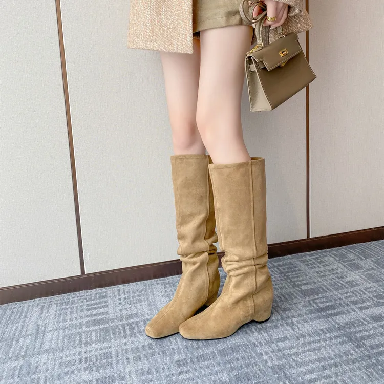 诗博尼·4.5cm【34-40】及膝内增高长靴真皮及膝绒面两版本长靴女靴