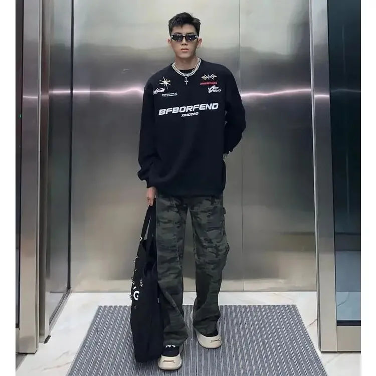 春秋痞帅hiphop嘻哈纯棉长袖男潮牌个性字母印花百搭宽松打底T恤