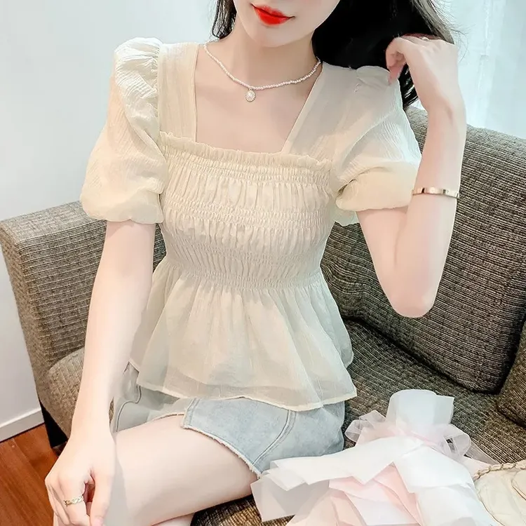 法式方领短袖T恤2024夏季新款女装设计感小众短款上衣遮肚子小衫