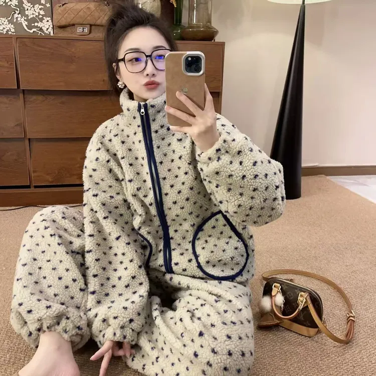 【特厚】冬季新款加绒韩版小爱心波点家居服加厚加绒套装外穿睡衣套