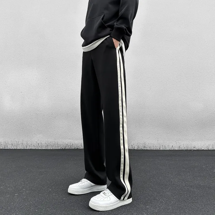 秋冬潮流垂感卫裤子男士款百搭条纹大码男生直筒运动宽松休闲长裤