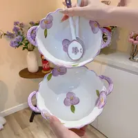 伴花时光陶瓷双耳汤碗泡面碗沙拉碗家用盛汤碗2碗2勺