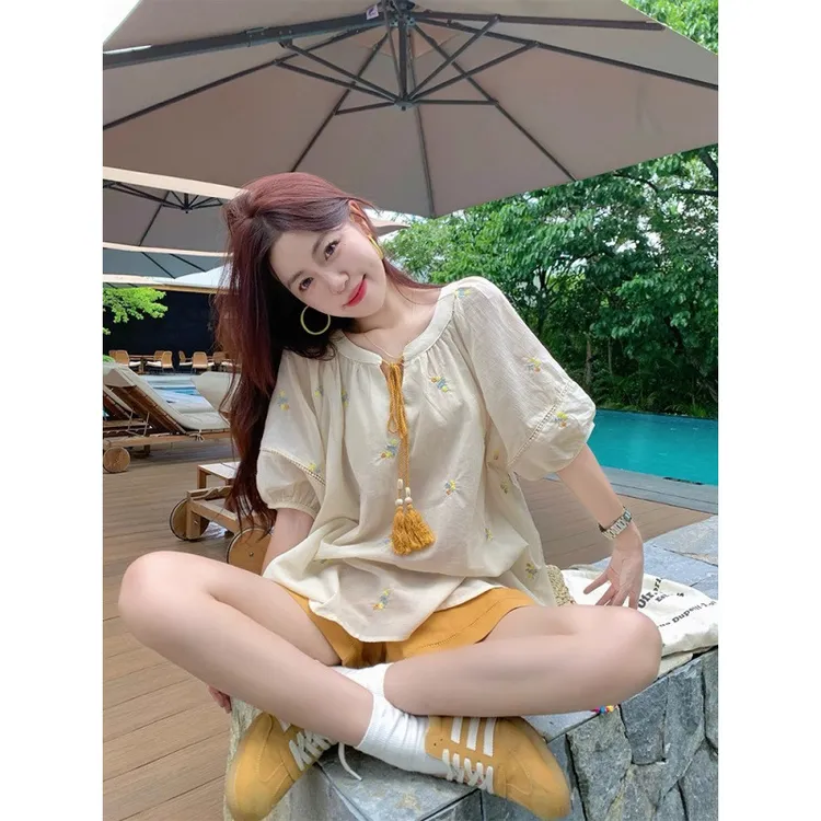 新中式风格女夏季宽松娃娃装短袖衬衫两件套装韩范穿搭小衫