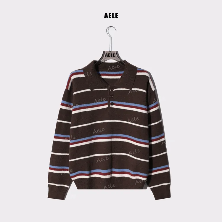 AELE慵懒撞色条纹翻领针织衫毛衣 X855 3575 AD