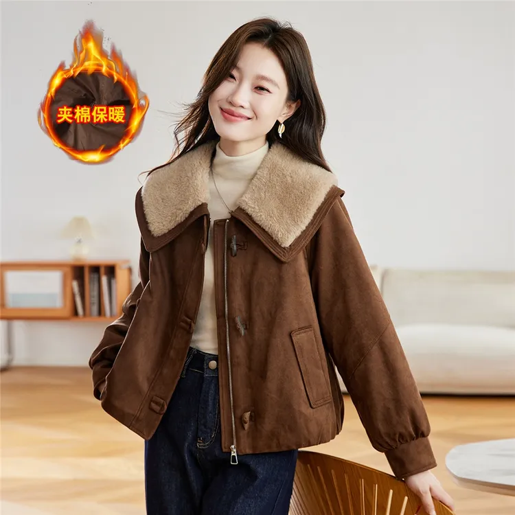 羊羔毛大翻领棉服女2025冬季新款美拉德麂皮绒爆款棉衣洋气短外套