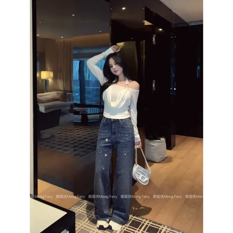 萌面侠【烫钻神裤】53%棉重工时尚设计感烫钻百搭阔腿牛仔裤5688M