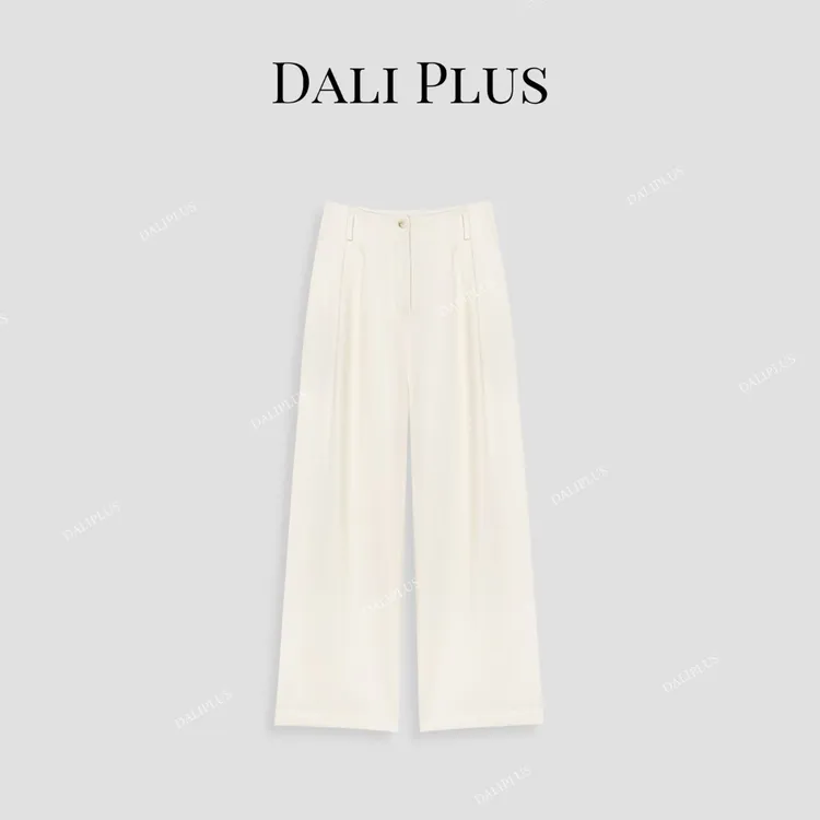DALI PLUS天丝亚麻设计感遮肉奶白色休闲直筒长裤-D5CH4022-1