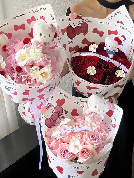 七夕HelloKitty凯蒂猫卡通可爱花束包装纸蝴蝶爱心花束包装纸资材