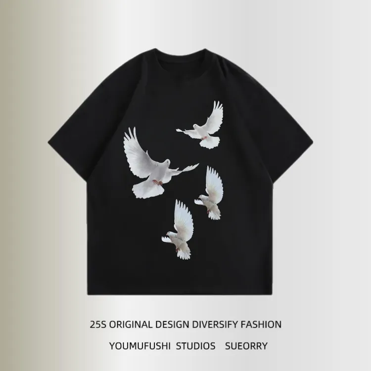 2025夏季新款美式复古和平鸽短袖印花T恤男女情侣百搭慵懒风短t