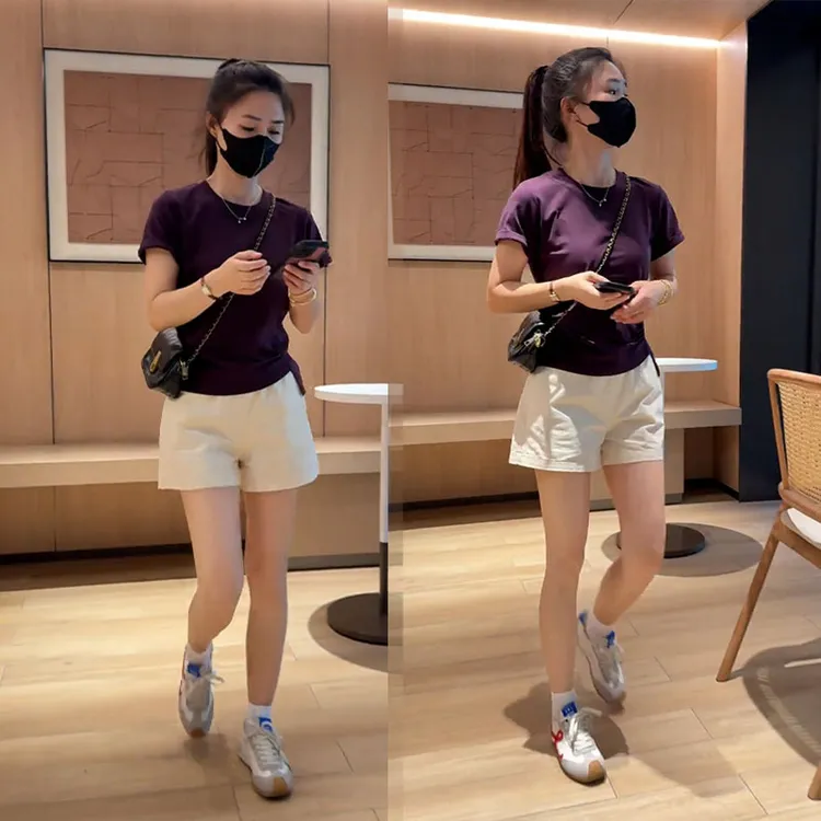 夏季时尚松弛感穿搭套装圆领薄款纯色短袖高腰显瘦短裤休闲两件套