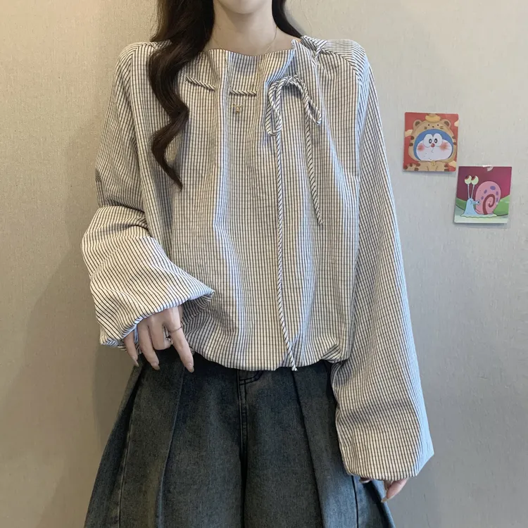 2025新款爆款条纹长袖衬衫大码胖mm秋季巨好看小衫别致遮肚上衣女