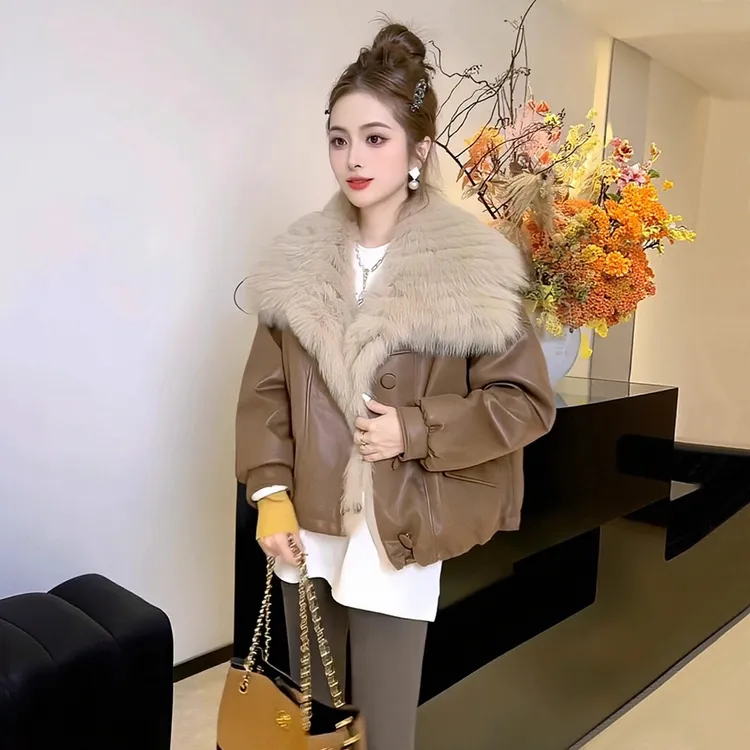 咖色大毛领皮衣外套女冬季新款加绒保暖显瘦高级感夹克机车服上衣