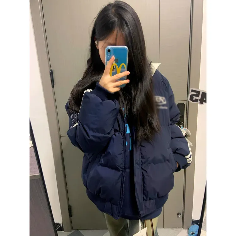 美式藏青色面包棉服女冬季2025年新款棉袄学生加厚三条杠印花外套