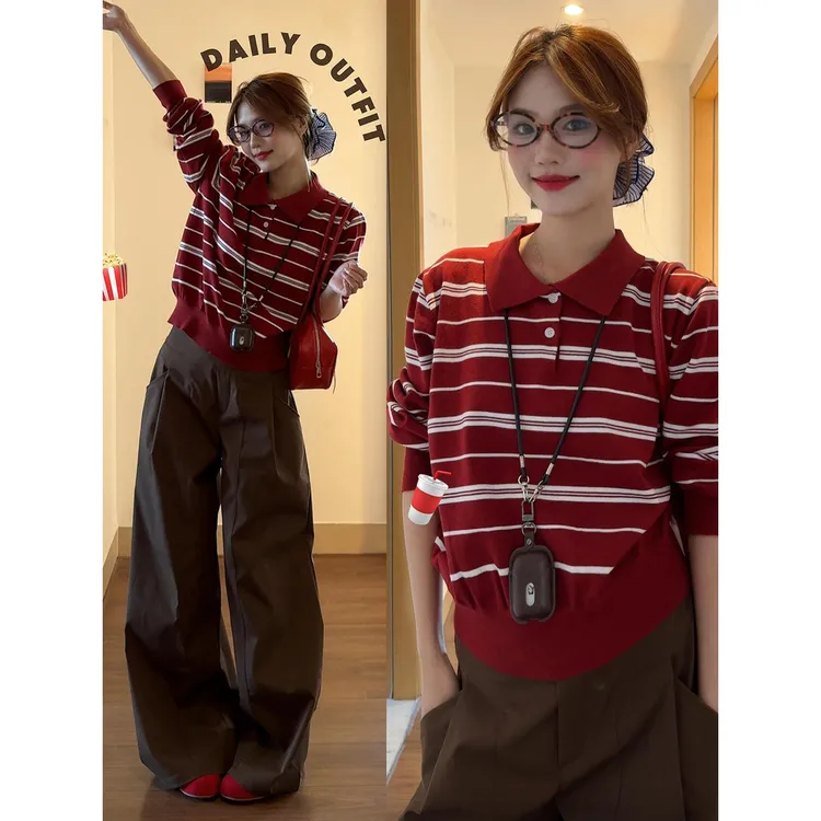 早秋季长袖t恤女2025新款设计感红色条纹针织polo衫上衣长冬内搭