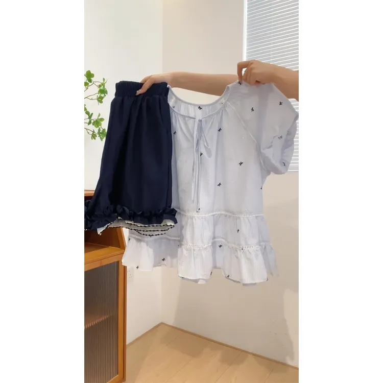 韩系复古蝴蝶图案印花衬衫套装女夏季新款不规则宽松半身裙两件套