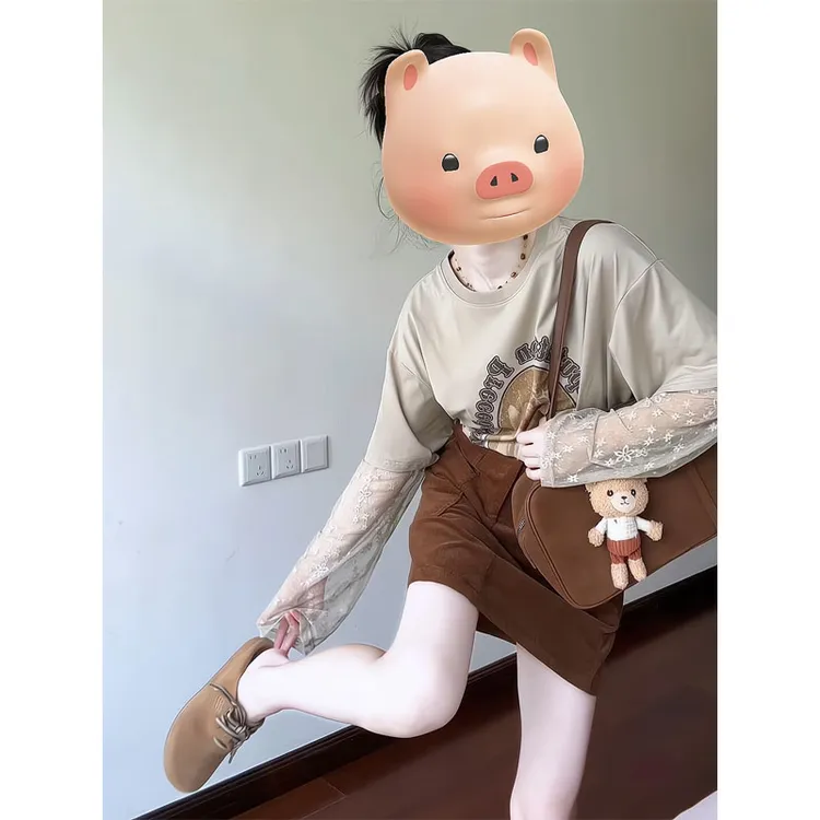 秋季假两件蕾丝拼接长袖t恤复古印花上衣半身裙包臀裙一步裙短裙