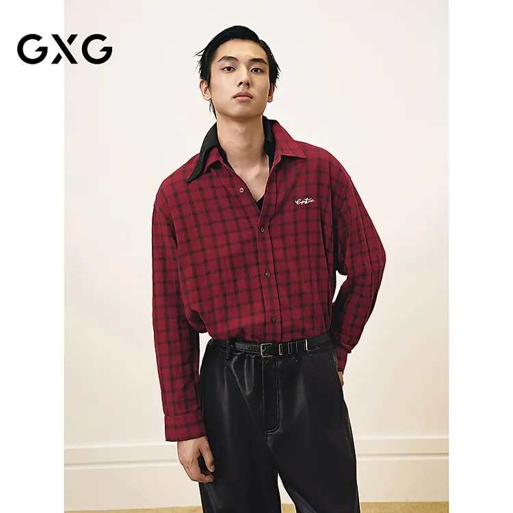 GXG男装红色长袖衬衫外套新年男士上衣2025年春秋新品#G25D031002