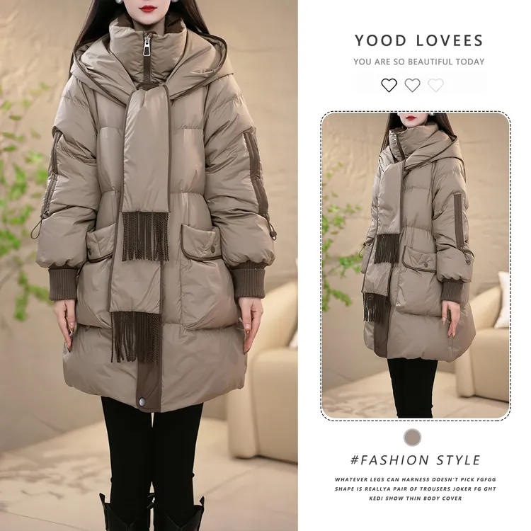 带围巾连帽时尚中长款气质棉服女2025冬季新款加厚保暖设计感外套