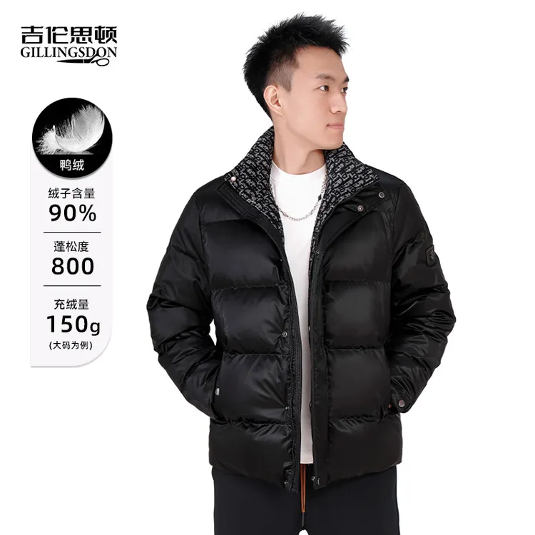 时尚感老花缎面90白鸭绒立领羽绒服