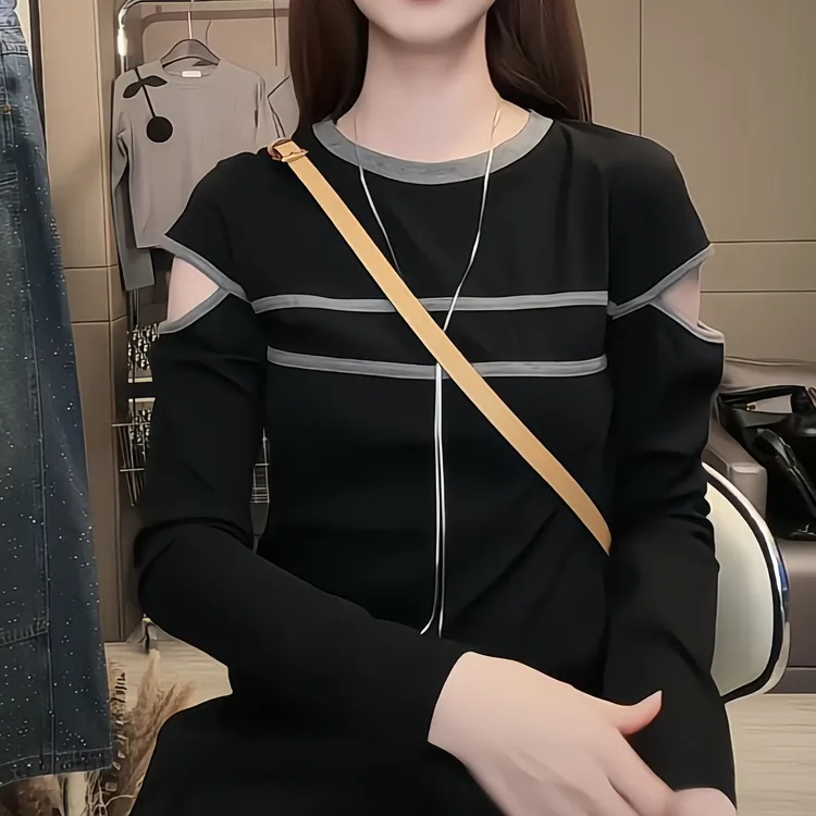 欧货简约设计感圆领长袖T恤女2025秋季新款时尚百搭休闲显瘦上衣