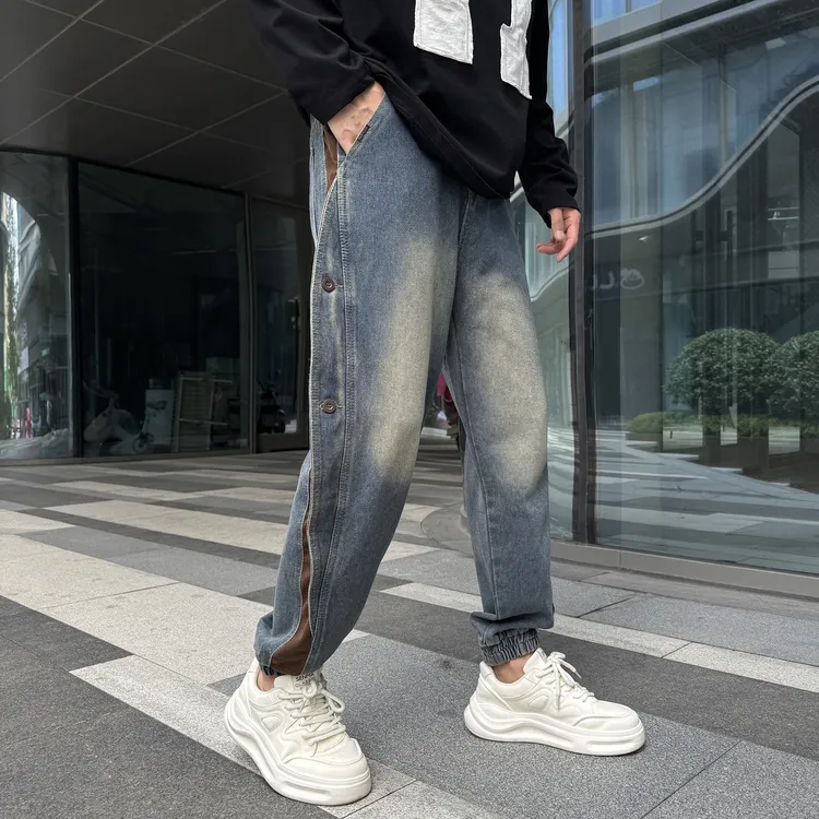 美式重磅新款拼接工装裤男士秋季潮牌宽松休闲束脚大码牛仔裤子男