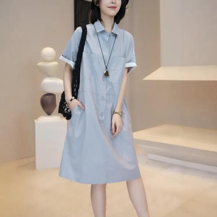 法式polo领短袖衬衫连衣裙女夏季宽松休闲连身裙小个子工装直筒裙