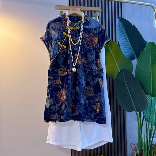 新中式夏季新款大码女装时尚复古国风烧花盘扣衫民族风气质显瘦