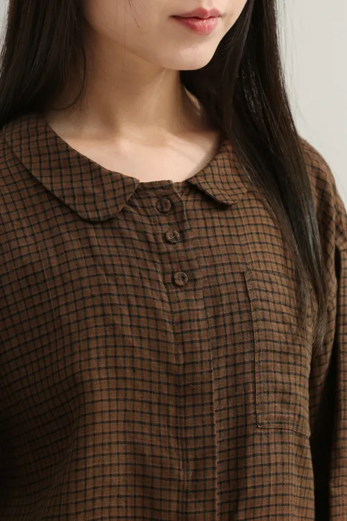 春秋新款亚麻色织格子翻领百搭休闲开襟长袖衬衫24195