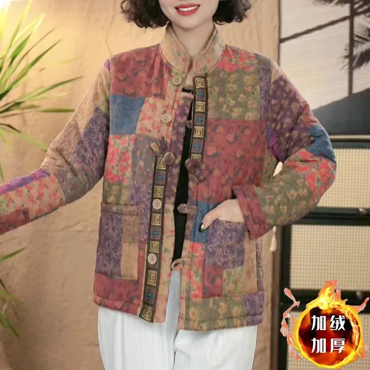 复古立领加绒加厚大码棉衣冬季新款Z百搭中年妈妈装保暖显瘦棉服