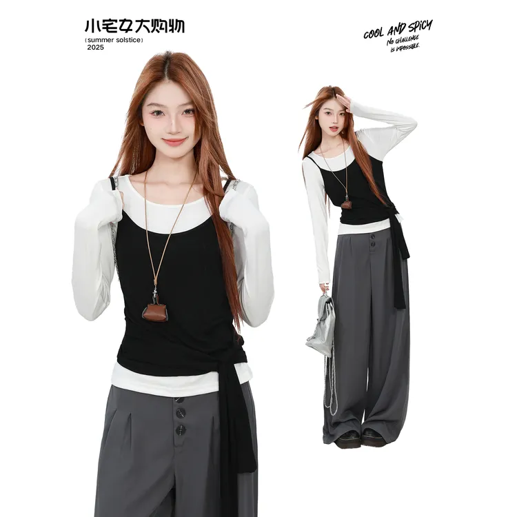 小宅女 高级感小个子韩系假两件长袖小上衣女休闲垂感遛弯裤套装