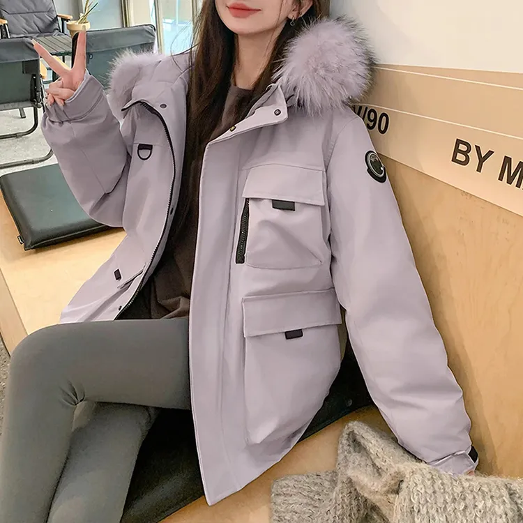 紫色大毛领工装保暖棉服女2025新款冬季宽松小个子加厚派克服外套