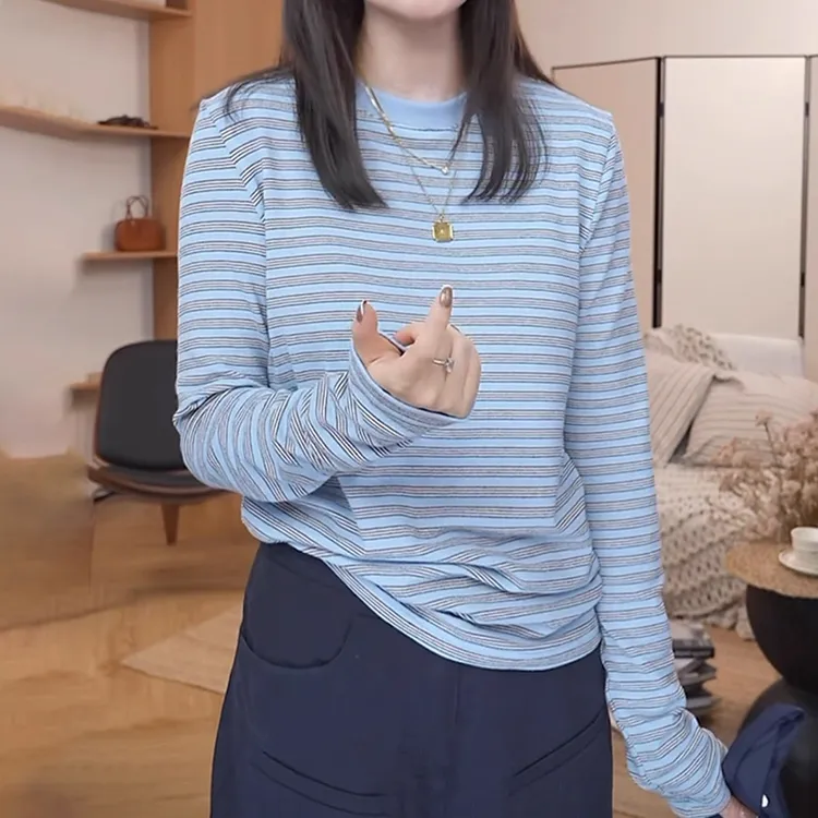 宽松慵懒风显瘦上衣秋季新款胖MM大码女装韩版chic条纹长袖T恤女