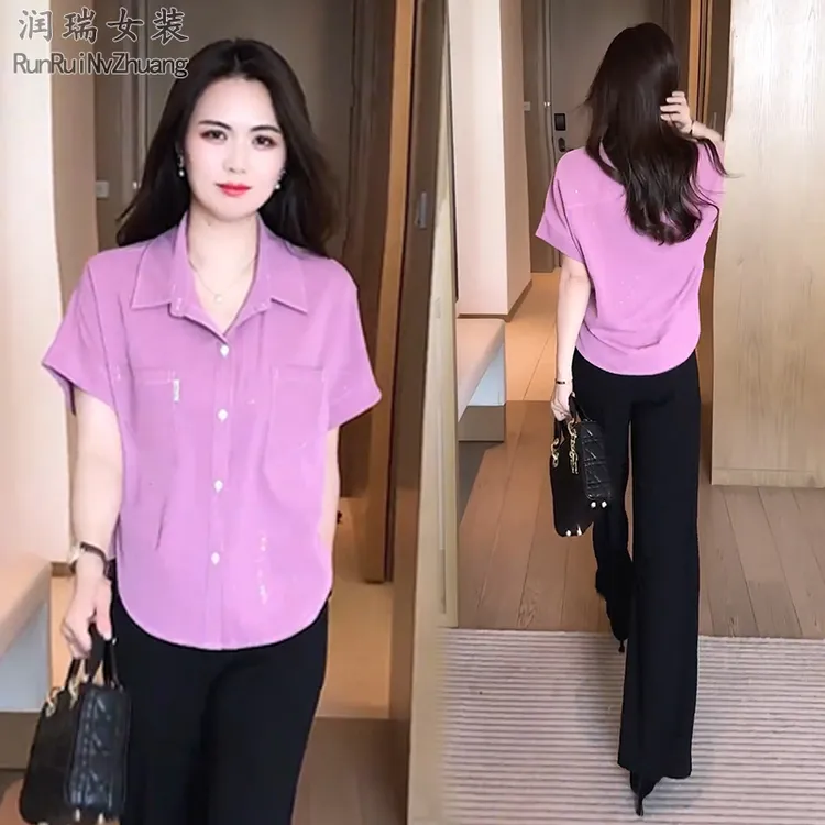 夏季休闲遮肉套装女2025新款小个子洋气减龄短袖衬衫阔腿裤两件套