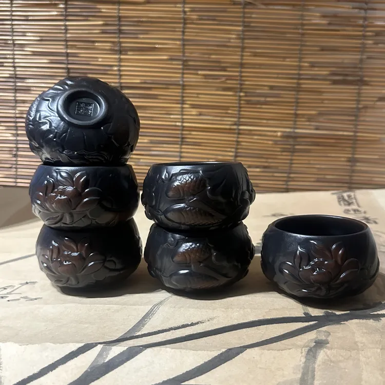 紫陶高端堆雕锦鲤戏荷功夫茶杯手工个人专用单杯陶瓷品茗大容量