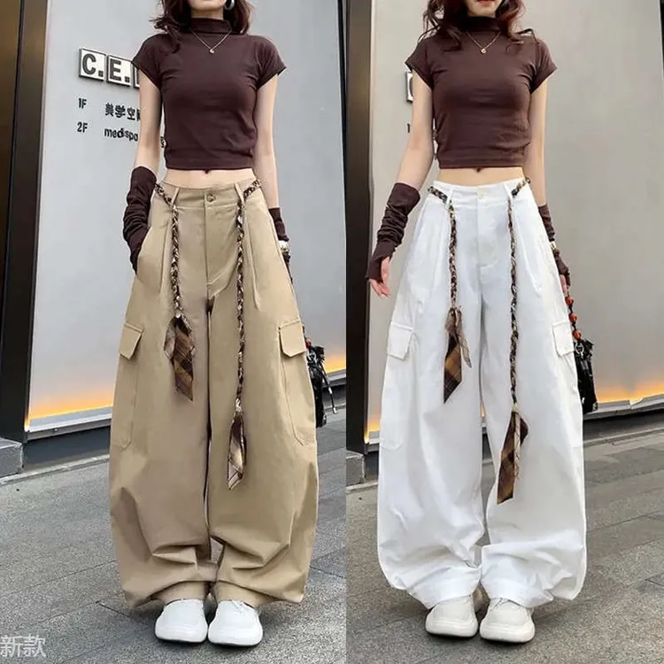高街时尚飘带多口袋休闲工装裤女夏季高腰显瘦宽松阔腿长裤子潮