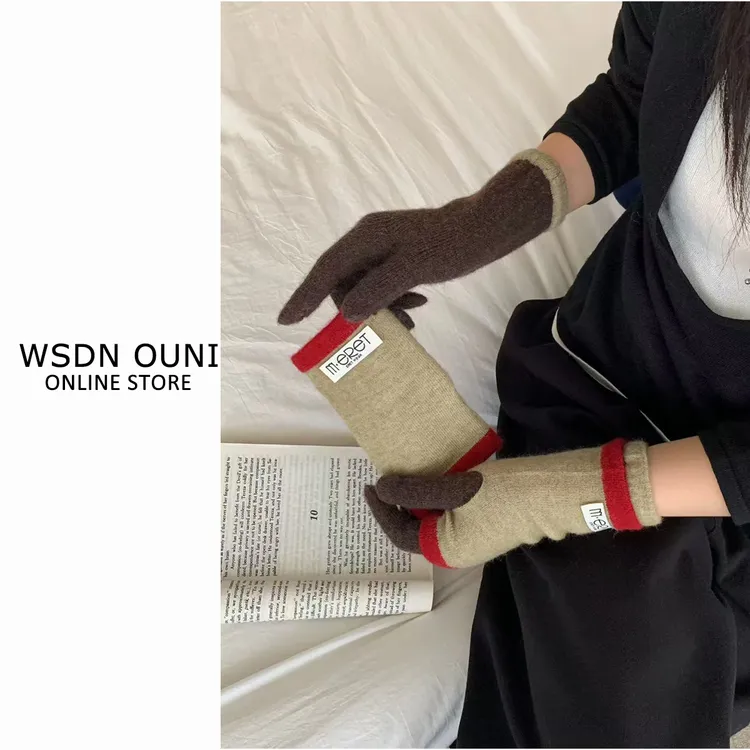 【真两件手套】韩系两件套保暖拼色针织手套秋冬分指可露指触屏手套