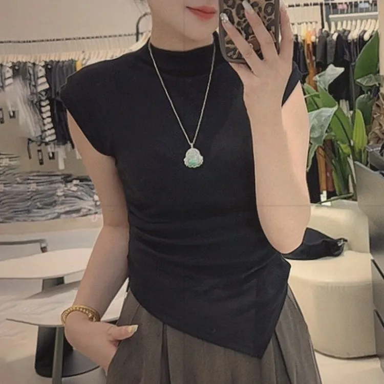 韩系洋气纯色百搭无袖T恤女2025早秋新款慵懒风立领修身百搭上衣