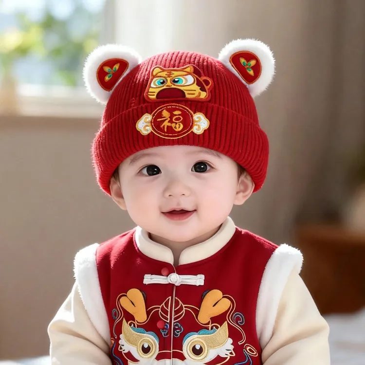 婴儿喜庆红色帽子秋冬季保暖加厚套头帽男女宝宝小月三岁宝宝帽子
