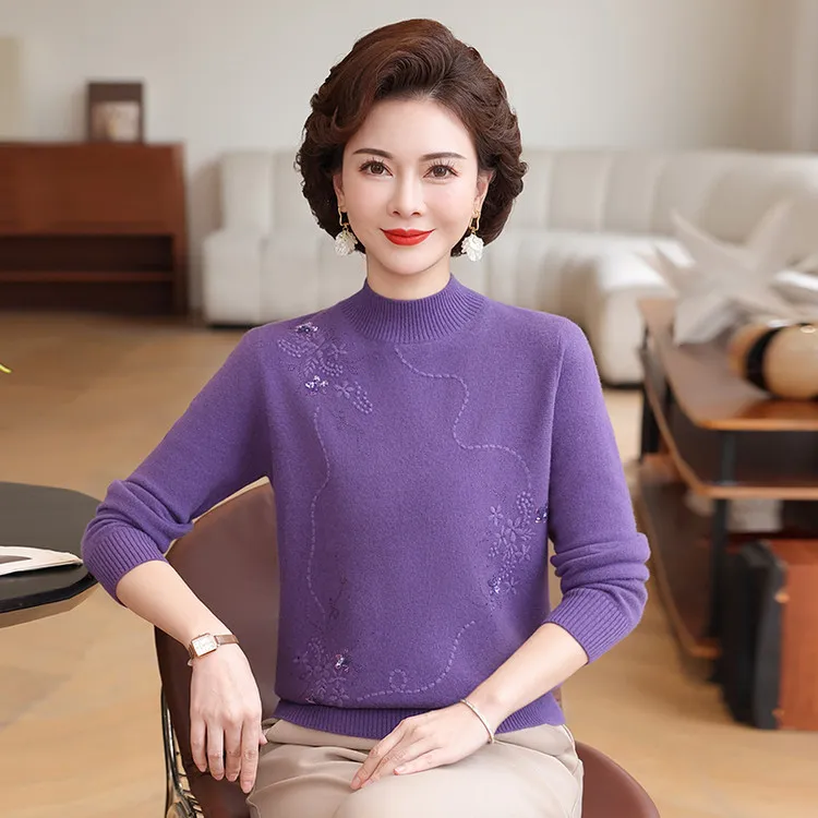 100%纯羊毛针织衫半高领中年妈妈装套头洋气中老年秋冬女士气质