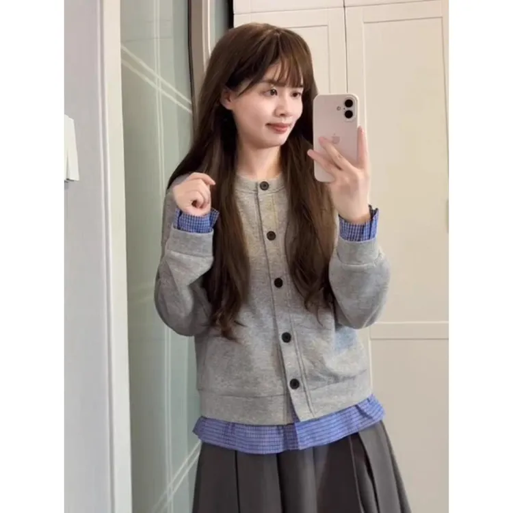 原野  假两件格子开衫卫衣女春秋休闲长袖上衣外套
