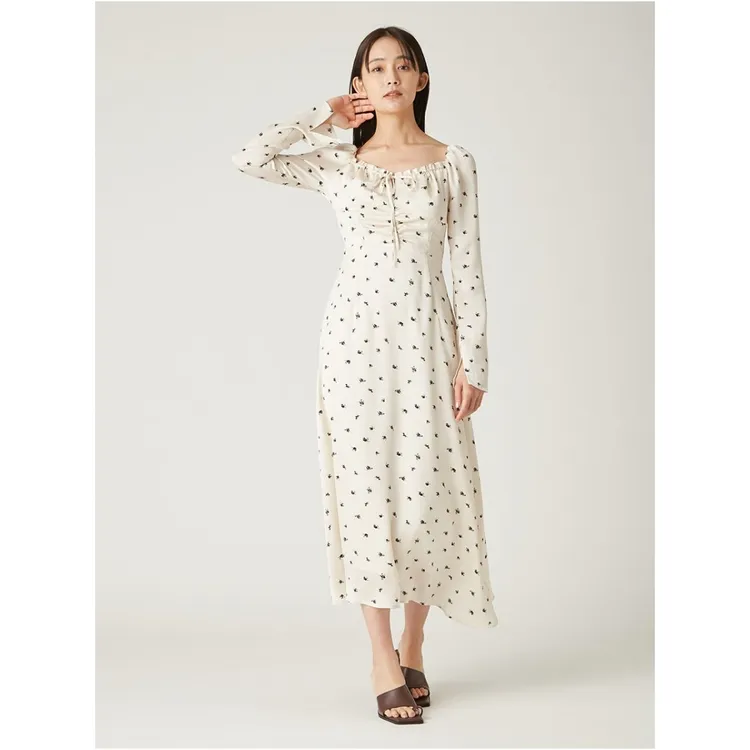 【MonTendre】春季新款 F 气质优雅时尚褶皱碎花长袖缎面印花连衣裙