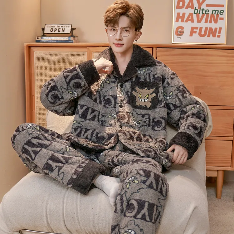 男士睡衣秋冬款珊瑚绒加厚加绒秋冬季开衫加肥加大码法兰绒家居服